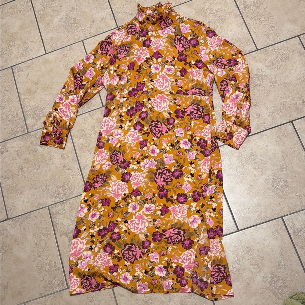 Floral Long Sleeve Dress - Pink and Orange